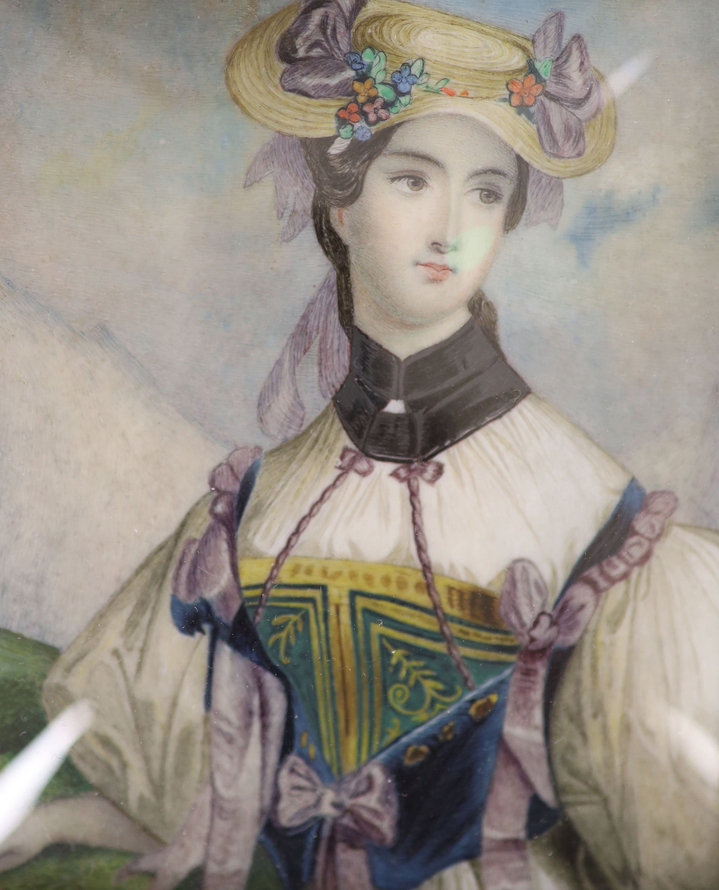 A large 19th century portrait miniature of a lady, the figure in elaborate dress, her hat adorned with bows and flowers, indistinctly inscribed verso, 10 x 8.5cm.